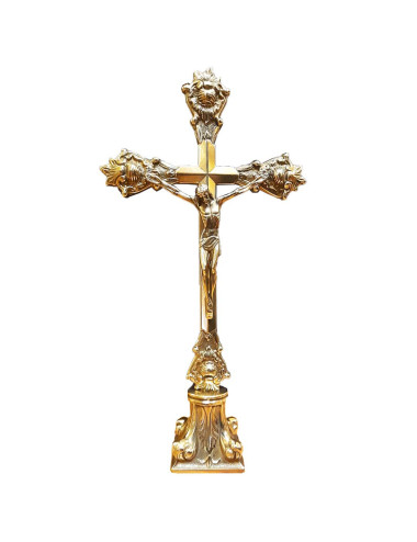 Altar Cross made in natural brass decorated with Sacred Hearts