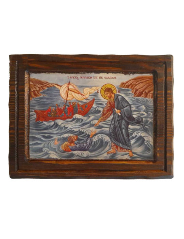 Icono griego pintado a mano Jesús caminando sobre las aguas