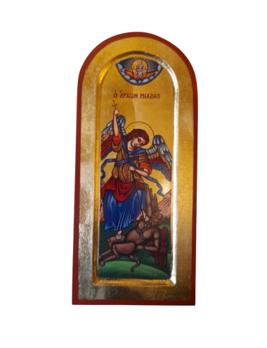 Icono griego pintado a mano con imagen de San Miguel sobre el demonio