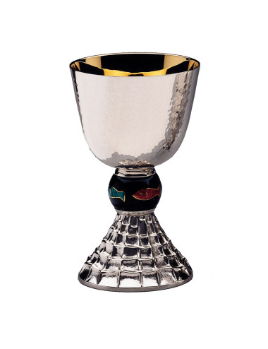 Chalice made in silver plated brass with the knot decorated with enamels