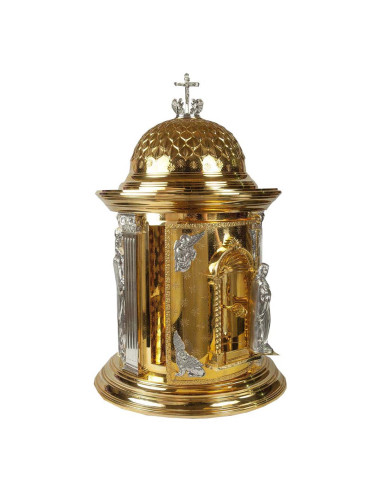 Tabernacle made in brass with image of Sacred Heart and Four Evangelists