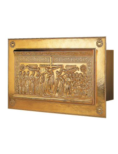 Aumbry with a crucifixion scene made in brass