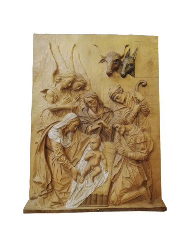 Relief of the Nativity set made in wood carving