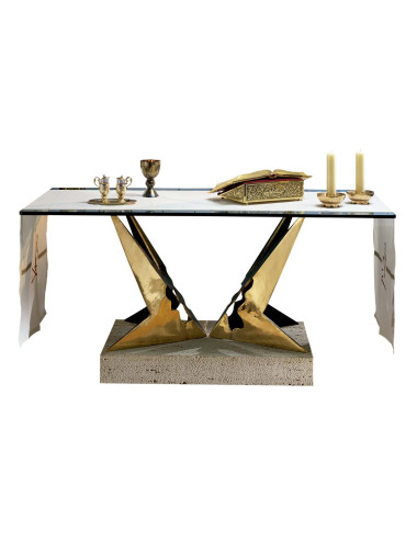 Altar table made in bronze, brass and marble